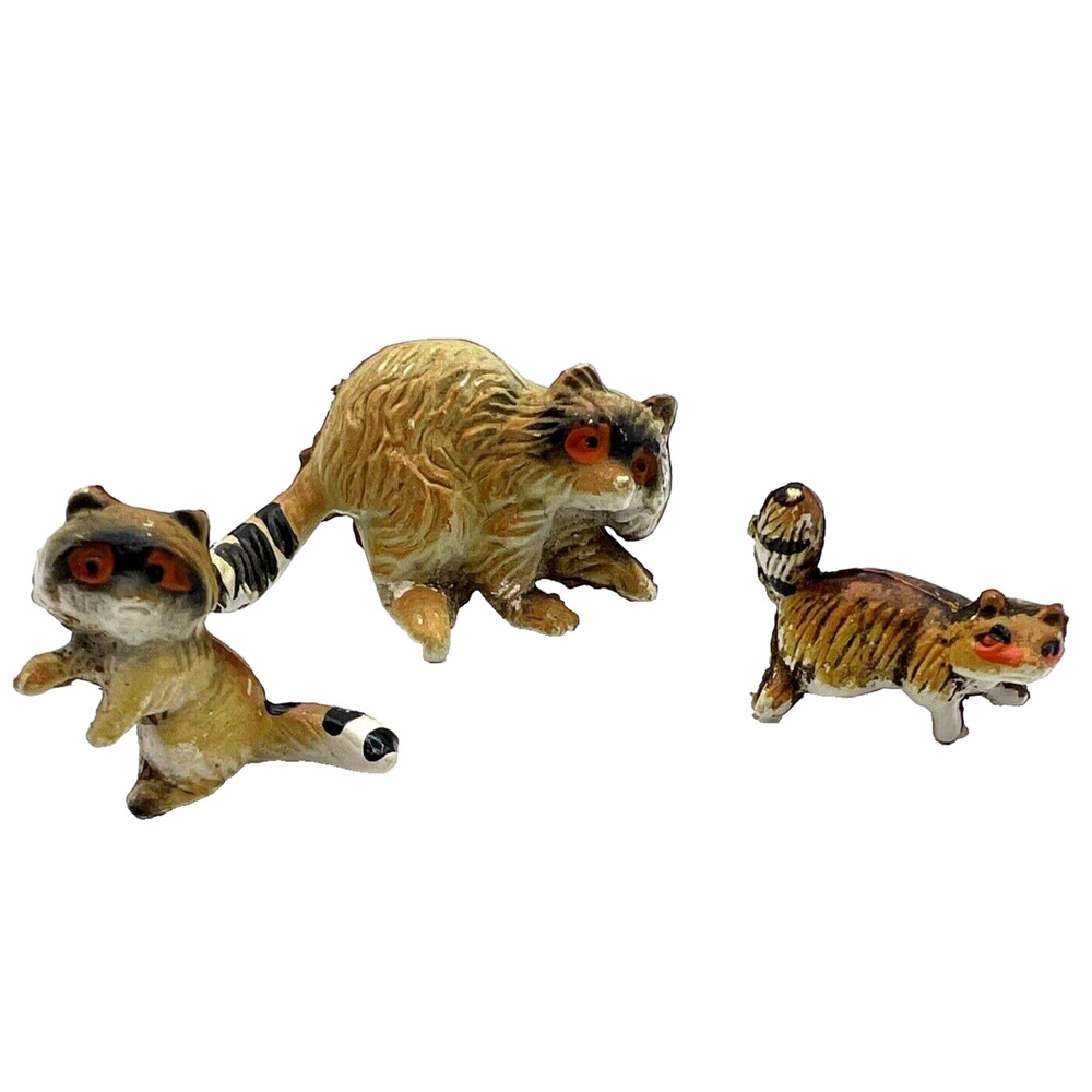 Set of 3 Vintage Miniature Hard Plastic RACCOON Animal Figurines Hong Kong